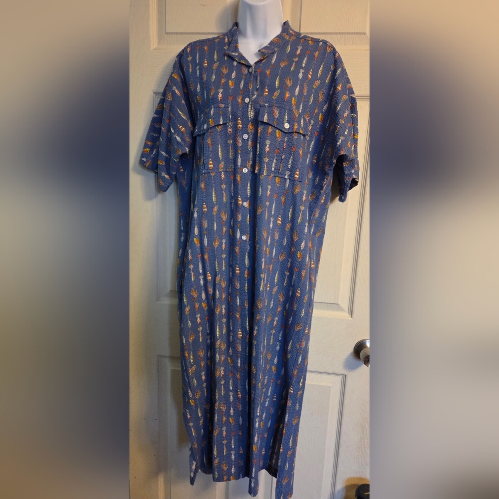 Koch Fishing Lure Button Front Seersucker Dress Small